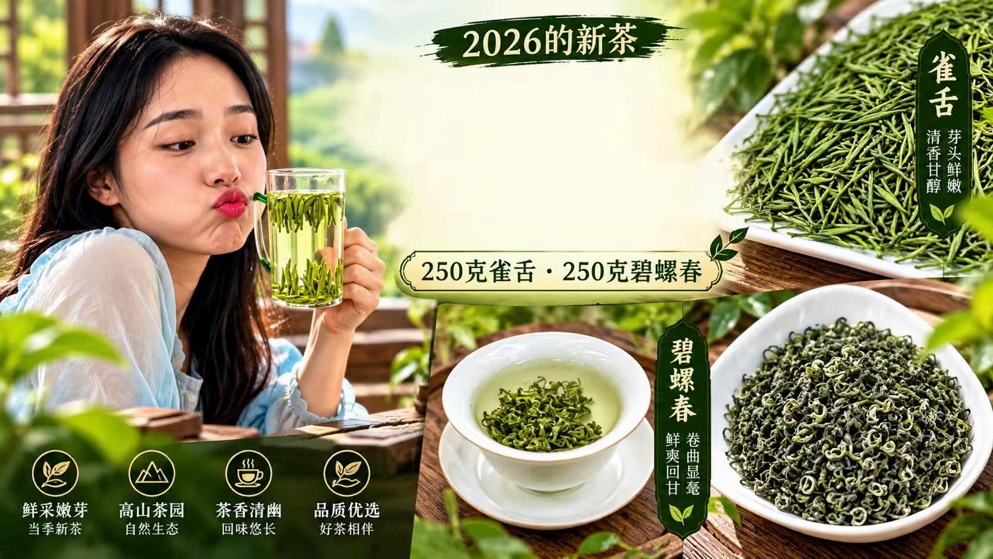 2026春茶宣传图，展示雀舌与碧螺春